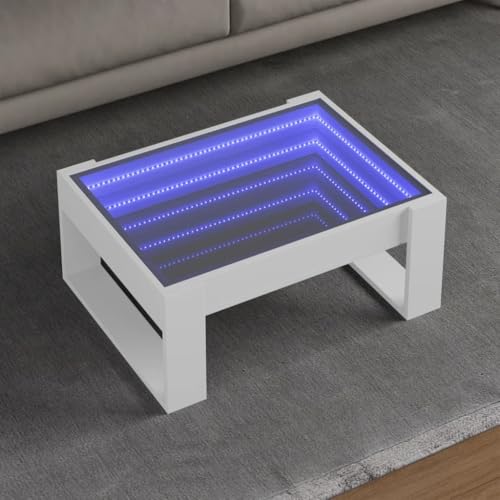 HETFTJN Couchtisch mit LED-Infinity-Spiegel Weiß Holzwerkstoff & Glas Modernes Design RGB-Beleuchtung Beistelltisch für Wohnzimmer Schlafzimmer Flur von HETFTJN