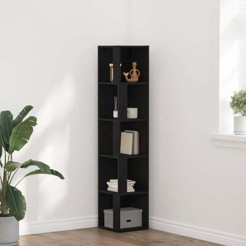 HETFTJN Eckregal Schwarz Eiche Holzwerkstoff 33x33x164,5 cm Matt Modernes Design 5 Regale Platzsparend für Wohnzimmer Schlafzimmer und Büro von HETFTJN