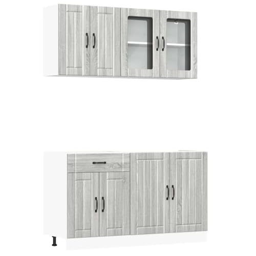 HETFTJN Küchenvitrine Vitrinenschrank Küchenbuffet Buffetschrank Barschrank - 4-TLG. Küchenschrank-Set Kalmar Grau Sonoma Holzwerkstoff für Küche Badezimmer Wohnzimmer Esszimmer von HETFTJN