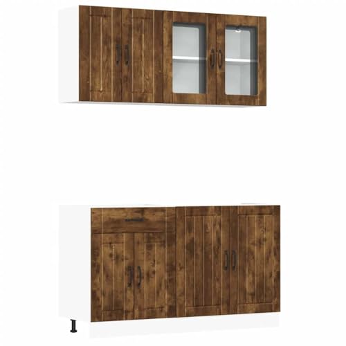 HETFTJN Küchenvitrine Vitrinenschrank Küchenbuffet Buffetschrank Barschrank - 4-TLG. Küchenschrank-Set Kalmar Räuchereiche Holzwerkstoff für Küche Badezimmer Wohnzimmer Esszimmer von HETFTJN
