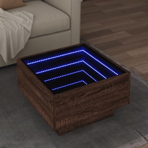 HETFTJN LED-Couchtisch Braun Eichen-Optik 50x50x30 cm Holzwerkstoff mit RGB-LED-Beleuchtung und Infinity-Spiegel – Moderner Beistelltisch für Wohnzimmer und Schlafzimmer von HETFTJN