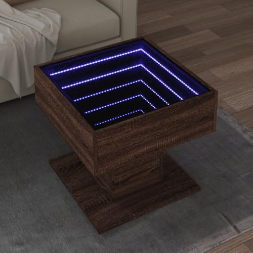 HETFTJN LED-Couchtisch Braun Eichen-Optik 50x50x45 cm mit RGB-LED-Beleuchtung und Infinity-Spiegel – Robuster Holzwerkstoff, Vielseitig als Beistelltisch oder Kaffeetisch von HETFTJN