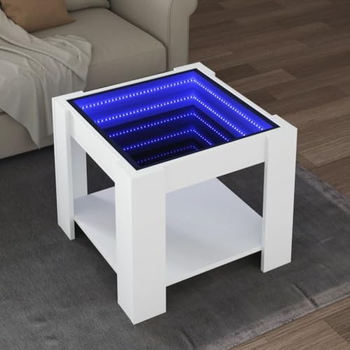 HETFTJN LED-Couchtisch Weiß 53x53x45 cm mit RGB-LED-Beleuchtung und Infinity-Spiegel aus Holzwerkstoff – Moderner Beistelltisch für Wohnzimmer, Schlafzimmer und Flur von HETFTJN