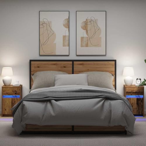 HETFTJN LED Nachttisch 2er Set Altholz 38x34x61 cm mit integrierter Beleuchtung Modernes Schlafzimmer Sideboard Spanplatte für kleine Schlafzimmer Nachttisch schmal von HETFTJN