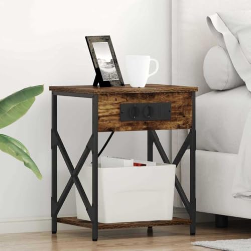 HETFTJN Nachttisch 2er Set Räuchereiche 41x31x51 cm Holzwerkstoff mit Stahlbeinen Modernes Schlafzimmer Sideboard Kommode mit Schubladen & Regal Nachtschrank schmal für Bedroom von HETFTJN