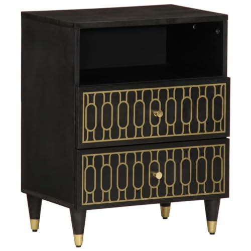 HETFTJN Nachttisch 50x33x60 cm Massiv Mangoholz Schwarz mit 2 Schubladen Handgeschnitztes Blumenmuster Retro Sideboard Schlafzimmer Stauraum Modern & Langlebig für Wohn- und Schlafzimmer von HETFTJN