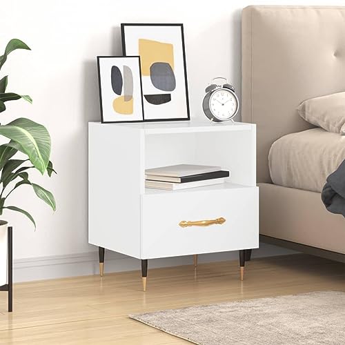 HETFTJN Nachttisch Hochglanz Weiß 40x35x47,5 cm Holzwerkstoff mit Schublade Modernes Schlafzimmer Sideboard schmal für Wohnzimmer Flur und Nachttisch von HETFTJN