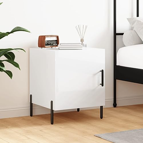 HETFTJN Nachttisch Hochglanz Weiß 40x40x50 cm aus Holzwerkstoff mit Metallfüßen Modernes Schlafzimmer Sideboard Nachtkasten mit praktischer Tür für kleine Räume von HETFTJN