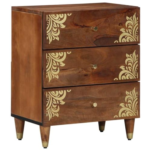 HETFTJN Nachttisch Honigbraun Mangoholz mit goldenen floralen Mustern 3 Schubladen Moderner Beistelltisch 60 x 40 x 55 cm Robuste & platzsparende Schlafzimmer Kommode für Bedroom Wohnzimmer Flur von HETFTJN