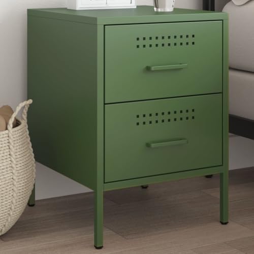 HETFTJN Nachttisch Olivgrün 36x39x50,5 cm aus Stahl,Modernes 2 Schubladen Sideboard für Schlafzimmer & Wohnzimmer,Kleiner Beistelltisch mit robuster Industrie-Optik für Bett,Couch,Home-Office von HETFTJN