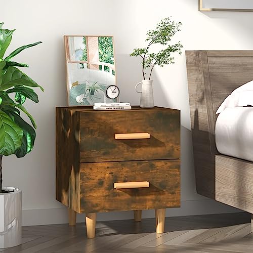HETFTJN Nachttisch Räuchereiche 40x35x47,5 cm mit 2 Schubladen Massivholz Eukalyptus Beine Modernes Design Stauraum Multifunktional für Schlafzimmer Wohnzimmer Flur von HETFTJN