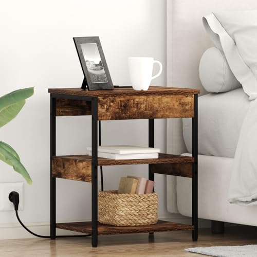HETFTJN Nachttisch Räuchereiche 41x31x51 cm aus Holzwerkstoff mit integrierter Steckdose Modernes Sideboard Schlafzimmer für Wohnzimmer und Flur von HETFTJN