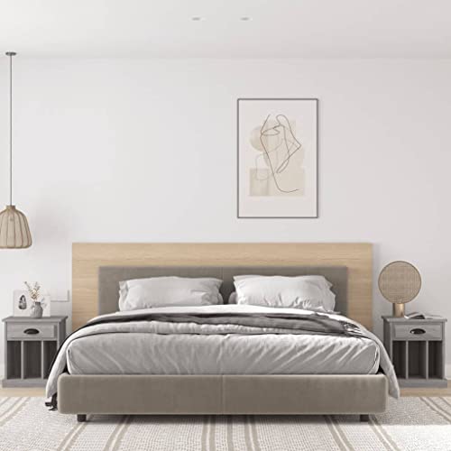 HETFTJN Nachttisch Set 2er Grau Sonoma 43x36x50 cm Modernes Holzwerk Nachtkommode mit Schublade & 3 Fächern Stabiler Beistelltisch für Schlafzimmer Wohnzimmer von HETFTJN