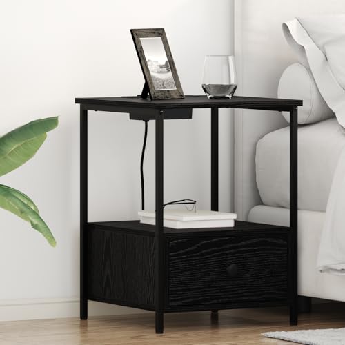 HETFTJN Nachttisch Set 2er Schwarze Eiche mit Ladestation 42x41x56 cm Holzwerkstoff Stahlrahmen Modernes Design Schlanker Nachtschrank für Schlafzimmer & Hotel von HETFTJN
