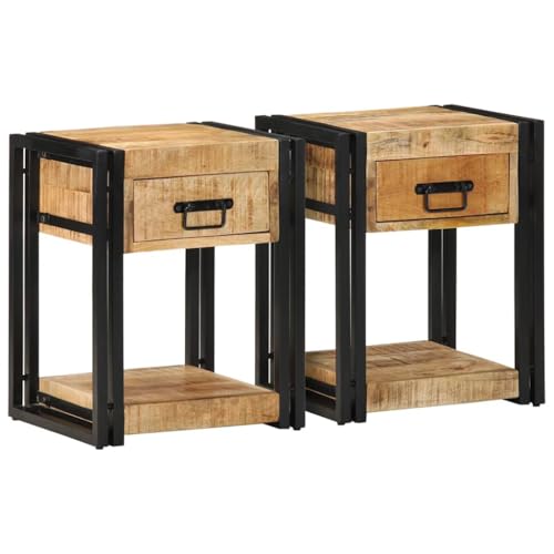 HETFTJN Nachttisch Set 2er aus massivem Mangoholz & Eisen 40x35x50 cm mit Schublade & offenem Fach Modernes Nachttischschrank Side Table Nachtkasten Schlafzimmer Kommode für Bedroom Wohnzimmer Flur von HETFTJN