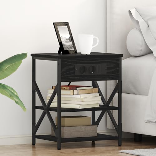 HETFTJN Nachttisch Set 2er mit Ladefunktion 41x31x51 cm Schwarze Eiche Holzwerkstoff Stahlbeine Moderner Nightstand Kleiner Beistelltisch mit Steckdose Nachttischschrank für Schlafzimmer Wohnzimmer von HETFTJN