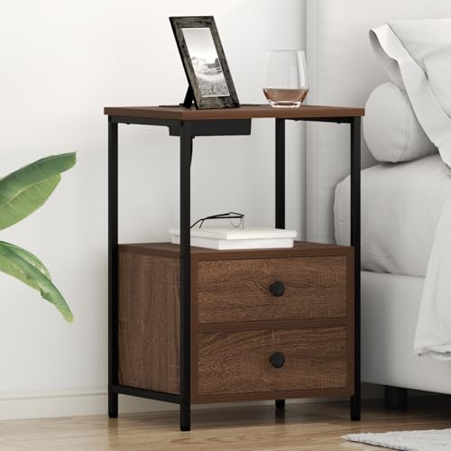 HETFTJN Nachttisch mit Ladestation 2er Set 40x31x60 cm Braune Eiche Holzwerkstoff Modernes Schlafzimmer Sideboard mit Stahlrahmen für Schlafzimmer Wohnzimmer Flur von HETFTJN