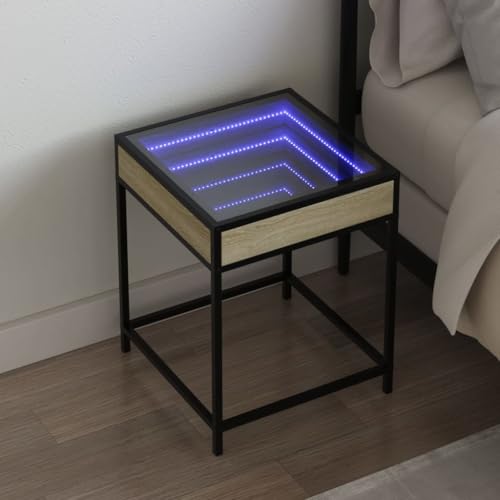 HETFTJN Nachttisch mit RGB LED Infinity Spiegel Sonoma Eiche 40x40x51 cm Holz Metallgestell Modernes Design für Schlafzimmer Beistelltisch Nachtkasten klein schmal mit USB Anschluss von HETFTJN
