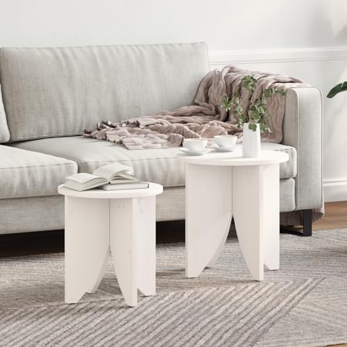 HETFTJN Rustikaler runder Couchtisch aus Massivkiefer Weiß 41,5 cm Kompakt & Stilvoll für Wohnzimmer, Schlafzimmer & Flur von HETFTJN