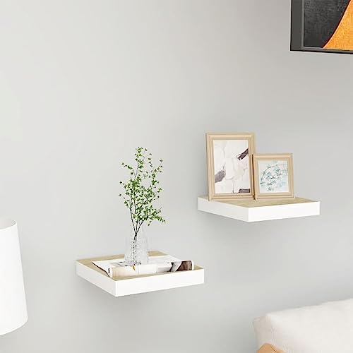 HETFTJN Schweberegale 2er Set Eichenoptik Weiß 23 x 23,5 x 3,8 cm Unsichtbare Montage Waben MDF Metall Wandboard für Wohnzimmer Bad und Küche von HETFTJN