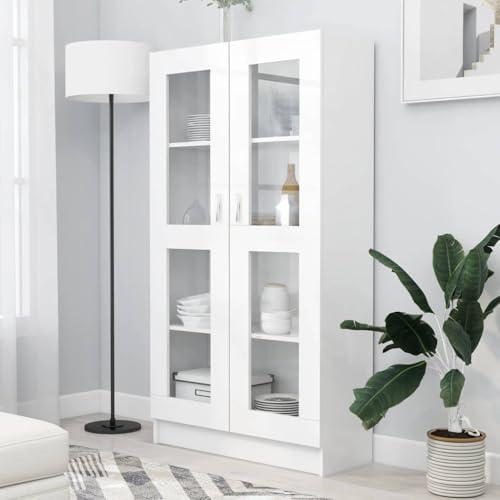 HETFTJN Vitrinenschrank Weiß 82,5x30,5x150 cm Bücherregal mit 4 Fächern und 2 Türen aus Holzwerkstoff und Glas für Wohnzimmer und Korridor von HETFTJN