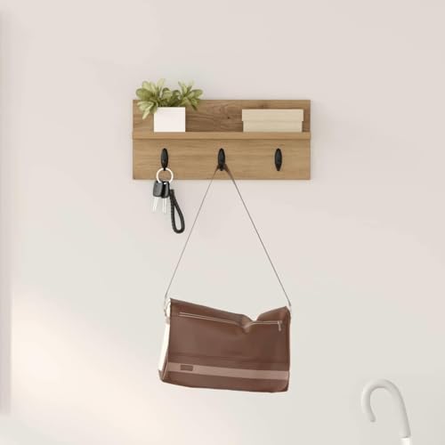 HETFTJN Wandgarderobe Eiche Handwerklich 40 x 10,5 x 18 cm Holzwerkstoff mit Metallhaken und Regal für Flur Eingang von HETFTJN