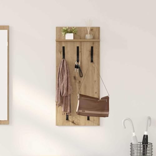 HETFTJN Wandgarderobe Eiche Handwerklich 90 x 40 x 10 cm Holzwerkstoff Wandmontiert mit 3 Ablagebrettern und Haken für Flur Eingangsbereich von HETFTJN