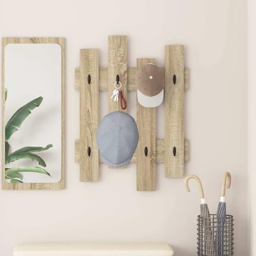 HETFTJN Wandgarderobe Sonoma Eiche 60 x 3 x 82 cm Modernes Holzwerkstoff Regal mit Haken Stauraumlösung für Flur Eingangszone und Wohnbereich von HETFTJN