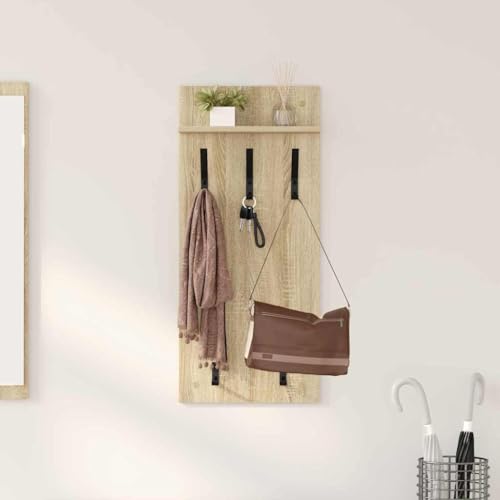 HETFTJN Wandgarderobe Sonoma Eiche 90 x 40 x 10 cm Holzwerkstoff Wandmontiert mit 3 Ablagebrettern und Haken für Flur Eingangsbereich von HETFTJN