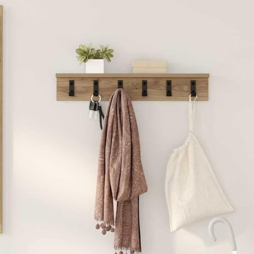 HETFTJN Wandgarderobe aus Holzwerkstoff 60 x 10,5 x 10,5 cm Eiche Handwerklich mit Ablagebrett und Haken für Flur Eingangsbereich von HETFTJN