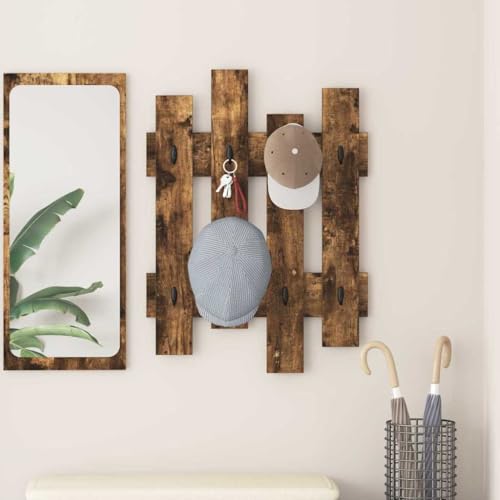 HETFTJN Wandgarderobe aus Holzwerkstoff 60 x 3 x 82 cm Rauch-Eiche mit Haken und Regalen für Flur Eingangsbereich und Wohnzimmer von HETFTJN