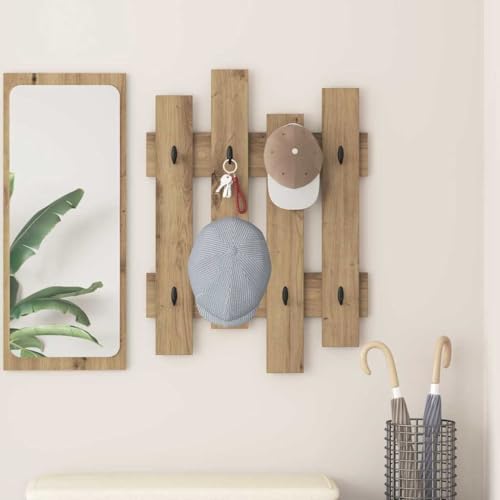HETFTJN Wandgarderobe aus Holzwerkstoff 60x3x82 cm Eiche Handwerklich Modernes Design mit Stauraum und Haken für Flur Eingangsbereich und Wohnzimmer von HETFTJN