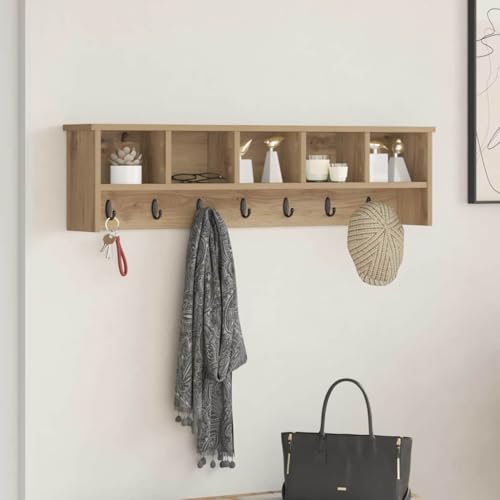 HETFTJN Wandgarderobe mit Ablagebrett 100 x 16 x 26 cm aus Holzwerkstoff in Eiche Handwerklich Modernes Design für Flur Eingangsbereich und Wohnzimmer von HETFTJN