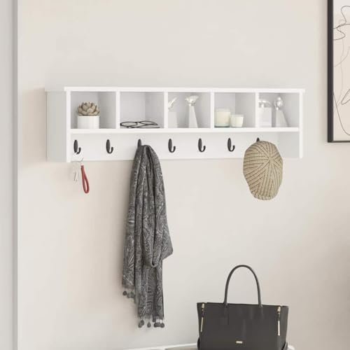 HETFTJN Wandgarderobe mit Regal Weiß 100 x 16 x 26 cm aus Holzwerkstoff Modernes Design mit Haken und Ablagefläche für Flur Eingangsbereich HETFTJN Wandgarderobe mit Regal Weiß 100 x 16 x 26 cm aus Holzwerkstoff Modernes Design mit Haken und Ablagefläche für Flur Eingangsbereich von HETFTJN