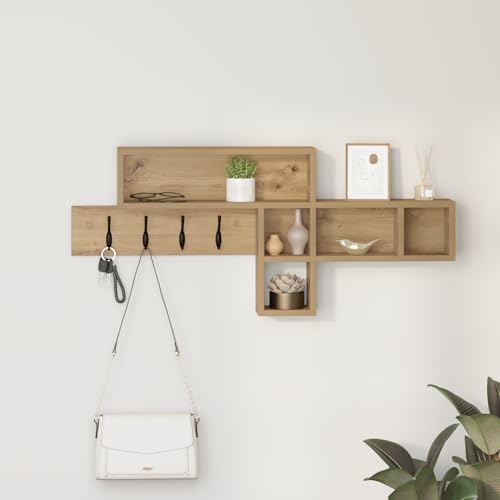 HETFTJN Wandgarderobe mit Regalbrett Eiche handwerklich 100 x 12 x 43 5 cm Holzwerkstoff Modernes Design Stauraum für Flur Eingangsbereich von HETFTJN
