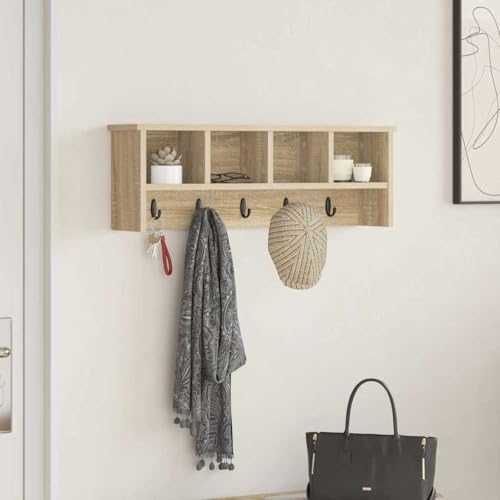 HETFTJN Wandmontierter Garderobenständer Sonoma Eiche 75 x 16 x 26 cm aus Holzwerkstoff mit Wandregal und Haken für Flur und Eingangsbereich von HETFTJN