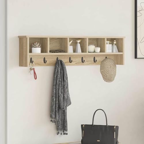 HETFTJN Wandmontierter Kleiderständer Sonoma Eiche 100x16x26 cm Modernes Holzwerkstoff Regal mit Haken für Flur Eingangsbereich von HETFTJN