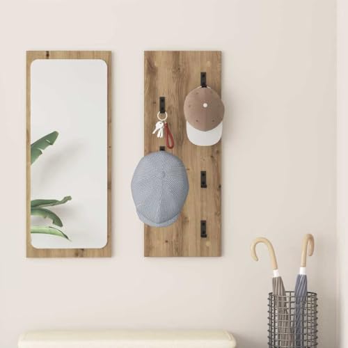 HETFTJN Wandmontierter Kleiderständer aus Holzwerkstoff Eiche Handwerklich 30 x 1.5 x 80 cm mit 5 Haken Modernes Design für Flur Eingangsbereich und Wohnzimmer von HETFTJN