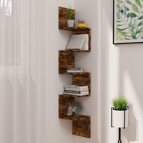 HETFTJN Wandregal Eckregal Räuchereiche Holzwerkstoff 19x19x123 cm Schwebendes Regal mit Abgerundeten Ablagen für Bücher Deko und Sammlerstücke im Wohnzimmer von HETFTJN