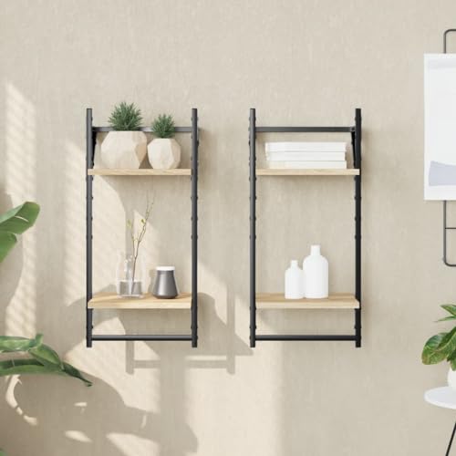 HETFTJN Wandregal Set 2 Stück Sonoma Eiche 30 x 25 x 65 cm Schweberegal mit Metallstange Robustes Holzdekor für Wohnzimmer Küche Bad von HETFTJN