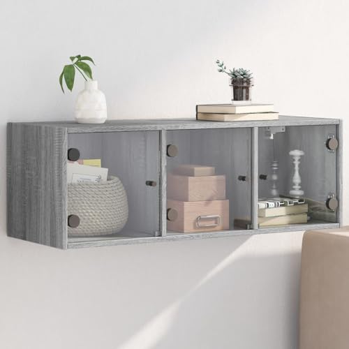 HETFTJN Wandschrank Grau Sonoma 102x37x35 cm Moderner Aufbewahrungsschrank mit Glastüren für Wohnzimmer Büro und Flur von HETFTJN
