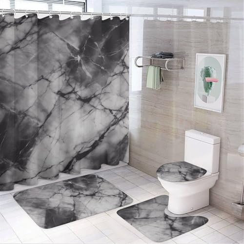 4-teiliges Badezimmer-Set aus hellem schwarzem Marmor mit Badematte, Duschvorhang mit 12 Haken, rutschfeste U-Form und WC-Deckelbezug für Badezimmer-Dekor von HETVBNS