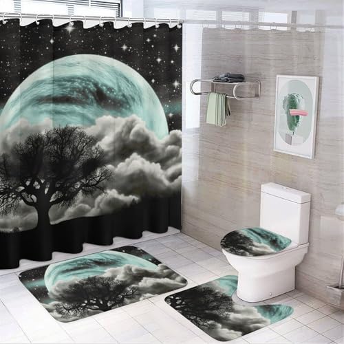4-teiliges Badezimmer-Set mit Badematte, Duschvorhang mit 12 Haken, rutschfeste U-Form und WC-Deckelbezug für Badezimmer-Dekor von HETVBNS