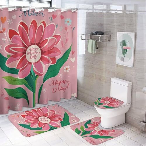 4-teiliges Badezimmer-Set mit Badematte, Duschvorhang mit 12 Haken, rutschfester U-Form und WC-Deckelbezug für Badezimmer-Dekor von HETVBNS