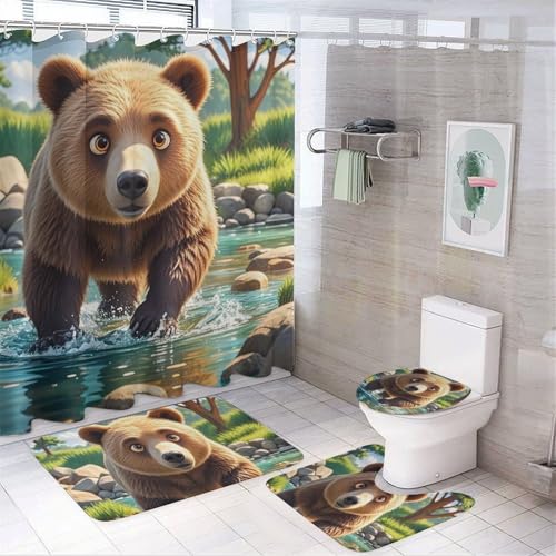 4-teiliges Badezimmer-Set mit Badematte, Duschvorhang mit 12 Haken, rutschfester U-Form und WC-Deckelbezug für Badezimmer-Dekor von HETVBNS