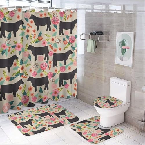 4-teiliges Badezimmer-Set mit Badematte, Duschvorhang mit 12 Haken, rutschfester U-Form und WC-Deckelbezug für Badezimmer-Dekor von HETVBNS