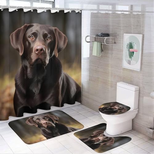 4-teiliges Badezimmer-Set mit Labrador Retriever, Duschvorhang mit 12 Haken, rutschfeste U-Form und WC-Deckelbezug für Badezimmer-Dekor von HETVBNS