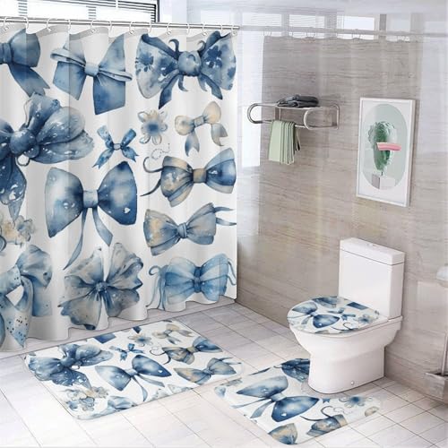 4-teiliges Badezimmer-Set mit blauen Schleifen und Badematte, Duschvorhang mit 12 Haken, rutschfeste U-Form und WC-Deckelbezug für Badezimmer-Dekor von HETVBNS
