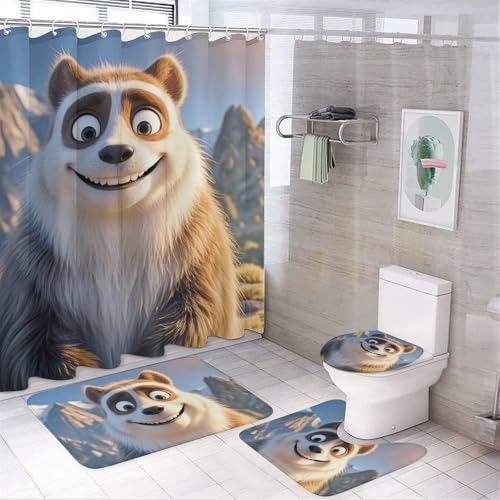 4-teiliges Badezimmer-Set mit lächelndem Tier, Duschvorhang mit 12 Haken, rutschfeste U-Form und WC-Deckelbezug für Badezimmer-Dekor von HETVBNS