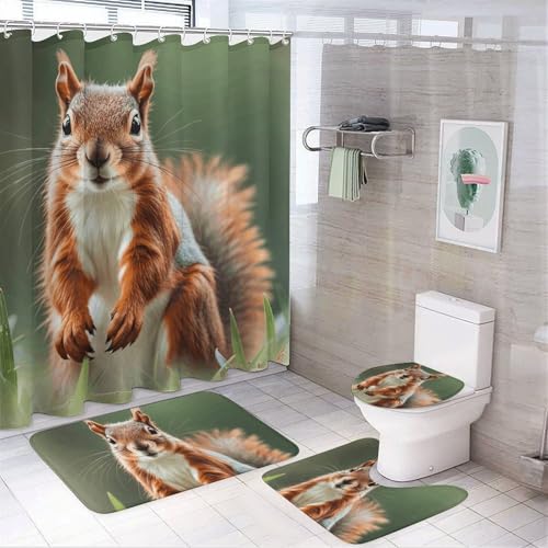 4-teiliges Badezimmer-Set mit niedlichem Eichhörnchen, Duschvorhang mit 12 Haken, rutschfeste U-Form und WC-Deckelbezug für Badezimmer-Dekor von HETVBNS